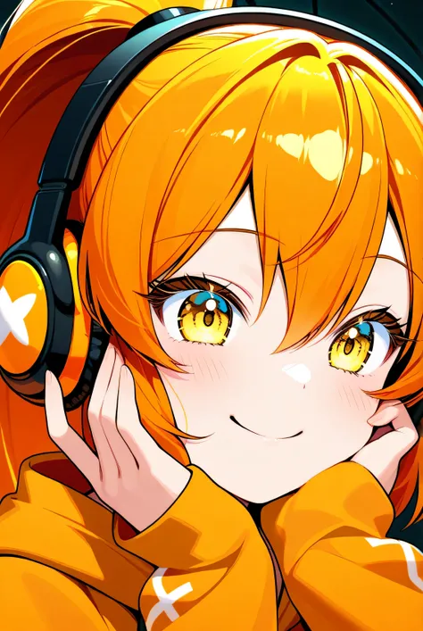 (pure smiling orange super long ponytail woman)、Yellow Eyes、 long sleeve hoodie、wearing headphones、(face close-up)、radio studio background、High quality、Superb、beauty
