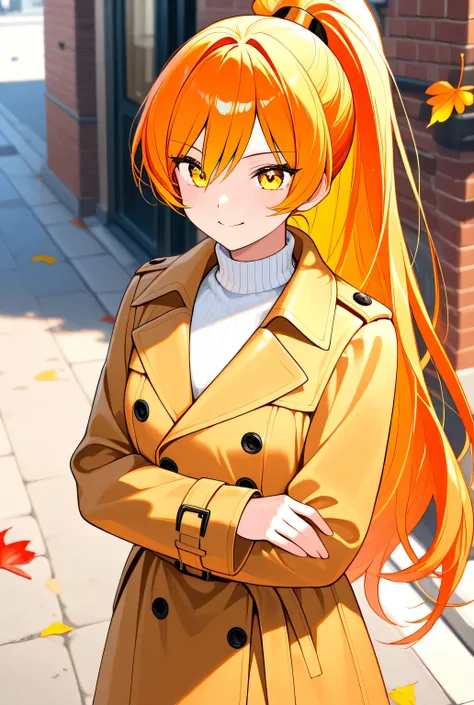 (pure smiling orange super long ponytail woman)、Yellow Eyes、long sleeve trench coat、(face close-up)、Autumn street corner background、High quality、Superb、beauty