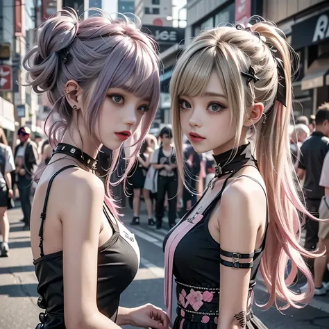 kda,GAL,{{2girls,blonde hair,}}、{{black hair、pink hair}},,white camisole dress,pink camisole dress,{{メスガキのコスプレ}},gothic punk