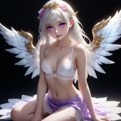 ((Top quality, 8K, best quality, masterpiece, ultra realistic)), ((Beautiful angel with odd eyes)), ((Heterochromia, golden eyes, silver eyes)), ((Sparkling and detailed eyes)), (Very precise eyes), (Long hair with a mixture of platinum and purple), Prince...
