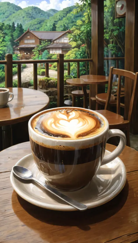 picture of a cup of coffee. detail-detail, Realistic depiction of, kafe 、 Inside Kafe、gaya ghibli