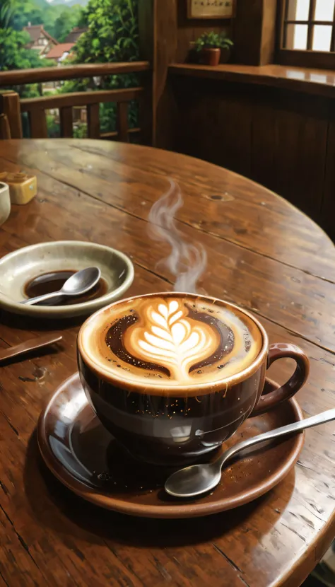 picture of a cup of coffee. detail-detail, Realistic depiction of, kafe 、 Inside Kafe、gaya ghibli