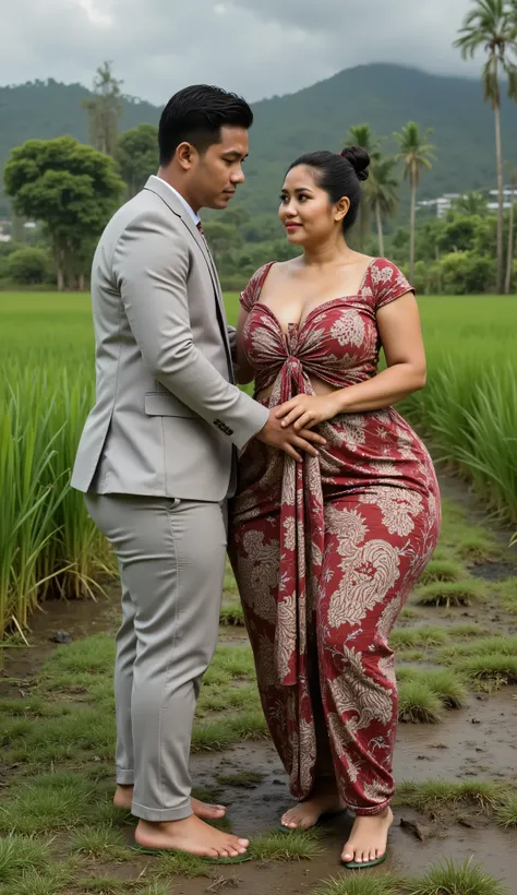 A Javanese attractive mature woman with a provocative curvaceous body, realistic big breasts, is 60 years old and has a figure with prominent curves, a plump with perfect proportions curves, generous curves and plus-size, a body with an hourglass figure, ...