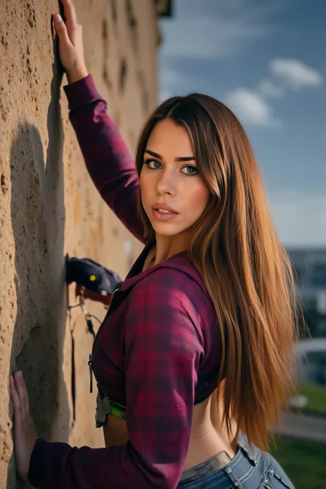 woman with long hair、beautiful iris 、hohe Nase、und Lippen、e breasts、schmale Taille、Big Butt、 muscular and healthy 、Her face looks up and her line looks up、Kletterwand, And aim for the summit with a serious facial expression、View of the summit、advance...