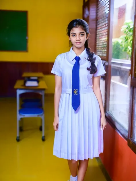 a beautiful girl in srilanka, detailed white frock, color tie, full body ,in the classroom , cinematic lighting, hyperrealistic, photorealistic, 8k, masterpiece, warm colors, natural lighting, detailed school uniform, detailed facial features, beautiful ey...