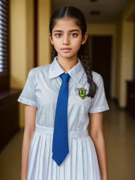 a beautiful girl in srilanka, detailed white frock, color tie, full body ,in the classroom , cinematic lighting, hyperrealistic, photorealistic, 8k, masterpiece, warm colors, natural lighting, detailed school uniform, detailed facial features, beautiful ey...