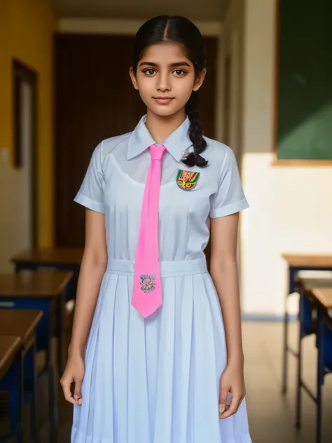 a beautiful girl in srilanka, detailed white frock, color tie, full body ,in the classroom , cinematic lighting, hyperrealistic, photorealistic, 8k, masterpiece, warm colors, natural lighting, detailed school uniform, detailed facial features, beautiful ey...