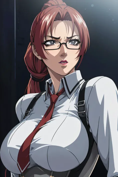 anime style, upper body portrait, elite American female detective, 42 years old, tall with large bust, faded red hair tied back, sharp suspicious eyes, wearing glasses with strong rouge lipstick, smoking a cigarette, sharp gray expensive pants suit, tense ...
