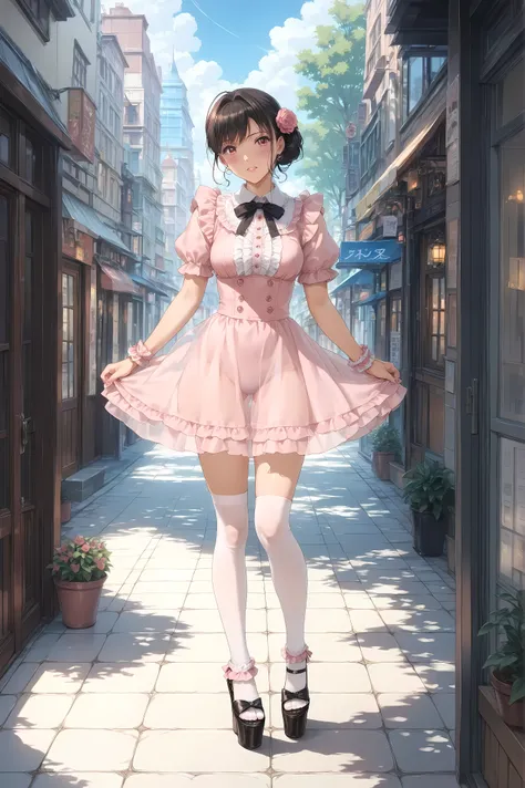 ((inspired by )),((inspired by Animation Style:1.5)),(masterpiece, best quality),beautiful, beautiful-woman, ((detailed face)).(full body:1.3).,
,
,
((The woman is wearing jirai-kei fashion)),pink frilled shirt with short puff sleeves, black neck ribbo...