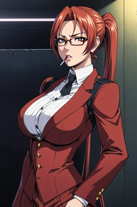 anime style, upper body portrait, elite American female detective, 42 years old, tall with large bust, faded red hair tied back, sharp suspicious eyes, wearing glasses with strong rouge lipstick, smoking a cigarette, sharp gray expensive pants suit, tense ...