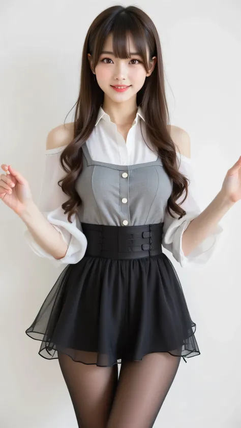 1girl,Pure Japanese Business Girl,open  shoulders allure short dress, high heels, skirt for ears, (Panties and pantyhose), formal hairstyle, Formal Makeup, Striking large brown eyes, pure smile, is standing alluringly, Open Your Legs Wide,   Sweet Temptati...