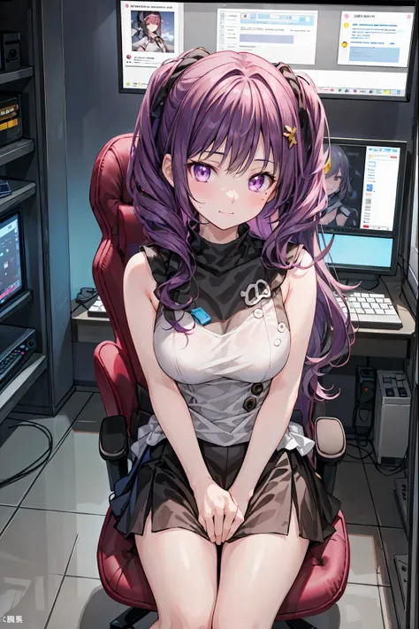 (((PRIVATE PC ROOM)))，(((giant pc monitor)))，(((multiple monitors)))，((operate the keyboard))，(Sweethacker)，(((is putting a keyboard on her lap)))，night，深night，((An amazing high school girl hacker))，(Hobbies)，Holding candy，candy with a different color on o...