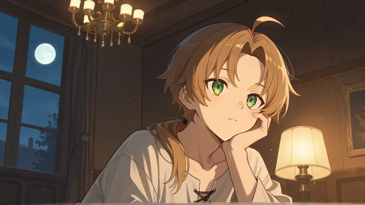 1boy, rudeus greyrat(mushoku tensei), long hair, brown hair, 1boy, ponytail, ahoge, green eyes, parted bangs, ninev, aes stylemix, masterpiece, ultra detailed, expressionless, parted rips, hand on own cheek, indoors, bedroom, chandelier, dark room, night, ...