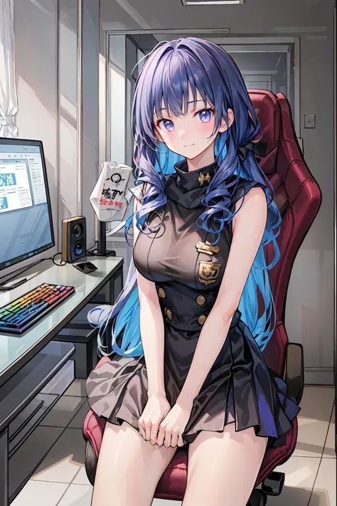 (((PRIVATE PC ROOM)))，(((giant pc monitor)))，(((multiple monitors)))，((operate the keyboard女の子))，(Sweethacker)，(((is putting a keyboard on her lap)))，night，深night，((An amazing high school girl hacker))，(Hobbies)，Holding candy，candy with a different color o...