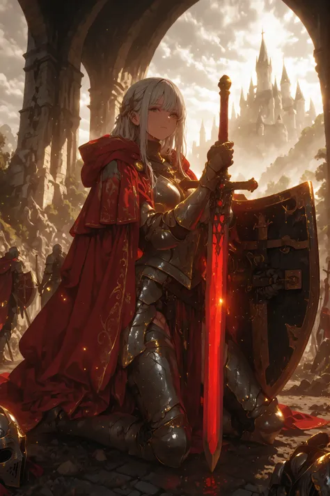 8k, fantasy world, female character, 1girl, Full of scars full metal heavy armor, (full armor:1.3), slender body, large chests, Hooded cape in ultramarine with gold embroidery, semi-long hairstyle, thin gray hair, many items, (many adventures), cinematic l...