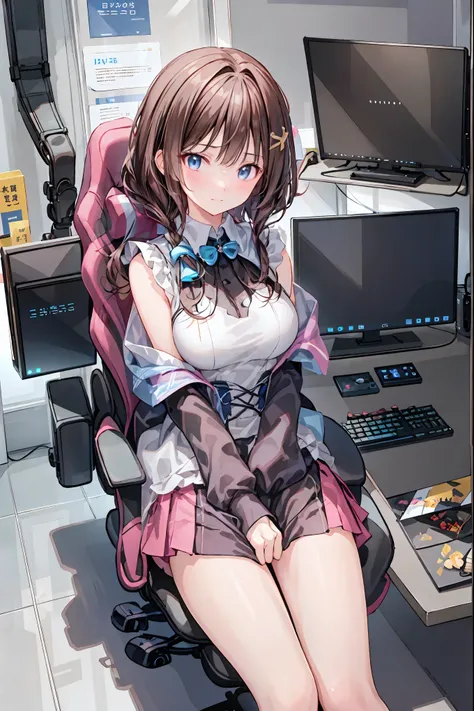 (((PRIVATE PC ROOM)))，(((giant pc monitor)))，(((multiple monitors)))，((operate the keyboard女の子))，hacked，(Sweethacker)，(((is putting a keyboard on her lap)))，night，深night，((An amazing high school girl hacker))，brown hair，shortcuts，unkempt hair，Short braided...