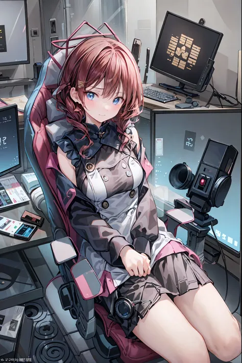 (((PRIVATE PC ROOM)))，(((giant pc monitor)))，(((multiple monitors)))，((operate the keyboard女の子))，hacked，(Sweethacker)，(((is putting a keyboard on her lap)))，night，深night，((An amazing high school girl hacker))，brown hair，shortcuts，unkempt hair，Short braided...