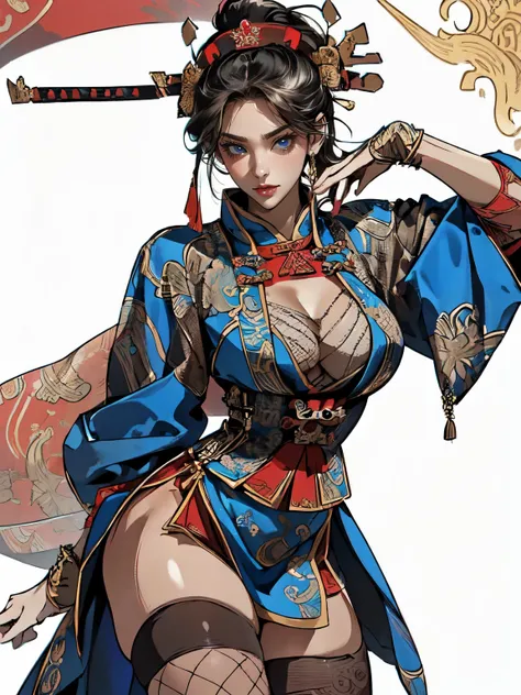 ((no background))), (((Create images up to the thigh))), (((The image above the head is not cropped))), attractive woman, a woman from the Three Kingdoms period, Big breasts, ((exposure costume)), (((Exposing the chest bone))), Solo, (((Three Kingdoms cost...