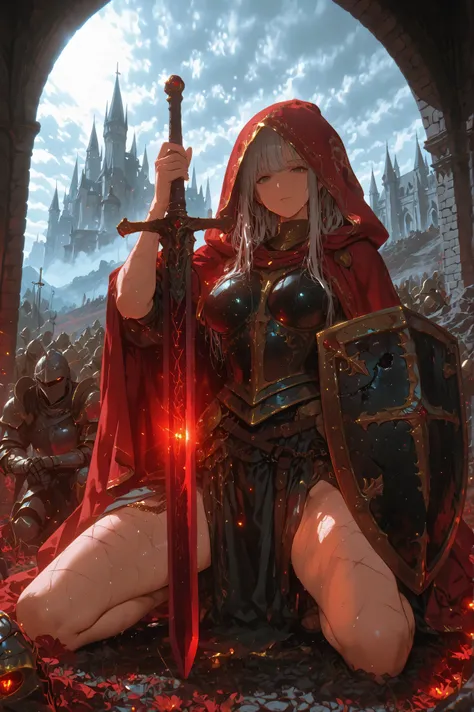 8k, fantasy world, female character, 1girl, Full of scars full metal heavy armor, (full armor:1.3), slender body, large chests, bare legs, Hooded cape in ultramarine with gold embroidery, semi-long hairstyle, thin gray hair, many items, (many adventures), ...