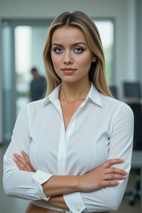 photorealistic shot of a self-confidently posing woman in an office environment,  white blouse , Frontkamerawinkel, detailed facial features, upright posture, high resolution, realistisch, 8K, HDR, professionell, lebendige Farben, sharp focus, Studioleucht...