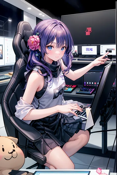 (((PRIVATE PC ROOM)))，(((giant pc monitor)))，(((multiple monitors)))，((operate the keyboard女の子))，Depict the keyboard accurately，hacked，(スイートhacker)，(((is putting a keyboard on her lap)))，hacker, Multi Display, Complex image displayed on a modern PC display...
