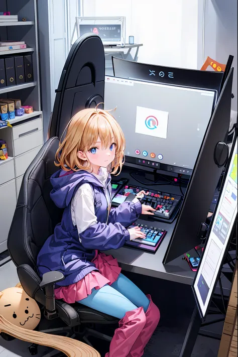 (((PRIVATE PC ROOM)))，(((giant pc monitor)))，(((multiple monitors)))，((operate the keyboard女の子))，Depict the keyboard accurately，hacked，(スイートhacker)，(((is putting a keyboard on her lap)))，hacker, Multi Display, Complex image displayed on a modern PC display...