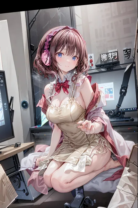 (((PRIVATE PC ROOM)))，(((giant pc monitor)))，(((multiple monitors)))，((operate the keyboard女の子))，Depict the keyboard accurately，hacked，(スイートhacker)，(((is putting a keyboard on her lap)))，hacker, Multi Display, Complex image displayed on a modern PC display...