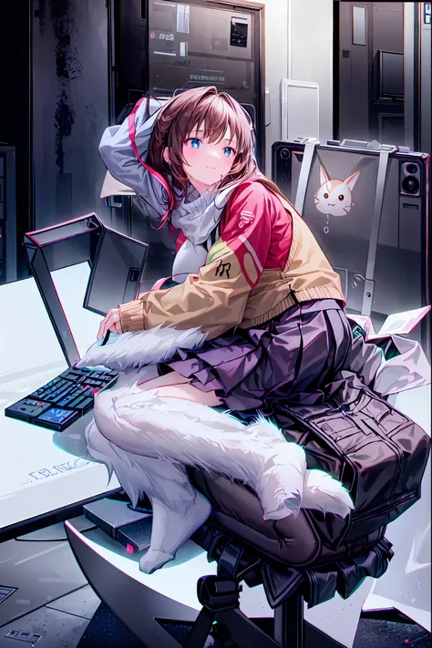 (((peace sign on the side of the face)))，Candy in hand,MANIPULATE YOUR SCREEN LIKE A GAME,(((programming room interior))),EXTREME DETAIL DISPLAY,EXTREME DETAIL DRAWING,typing speedy two hands,IMMERSE YOUR SCREEN,Anime breaking through the digital space,Dig...