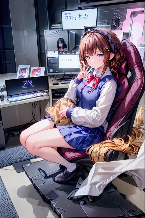 (((peace sign on the side of the face)))，Candy in hand,MANIPULATE YOUR SCREEN LIKE A GAME,(((programming room interior))),EXTREME DETAIL DISPLAY,EXTREME DETAIL DRAWING,typing speedy two hands,IMMERSE YOUR SCREEN,Anime breaking through the digital space,Dig...