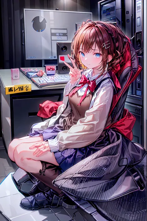 (((peace sign on the side of the face)))，Candy in hand,MANIPULATE YOUR SCREEN LIKE A GAME,(((programming room interior))),EXTREME DETAIL DISPLAY,EXTREME DETAIL DRAWING,typing speedy two hands,IMMERSE YOUR SCREEN,Anime breaking through the digital space,Dig...