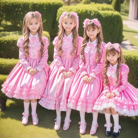 Highest Quality,4K,(( English girls )),10 years old,long blond hair,Clothes with pink ruffles and bows