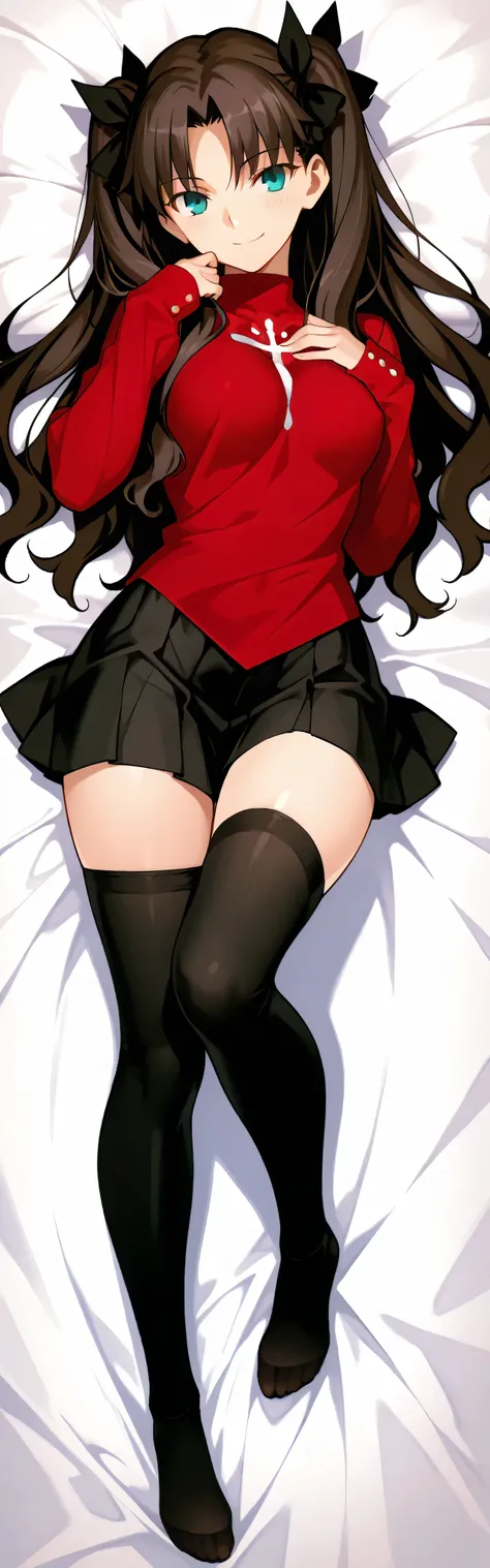 masterpiece, Highest Quality, very detailed, 4K, anime style, 1girl, button (destiny/Stay Night), auburn hair, twin tails, black ribbon, green eyes, tight red sweater, slight body line visible, hip tight black skirt, thigh-high black stockings undamaged, f...