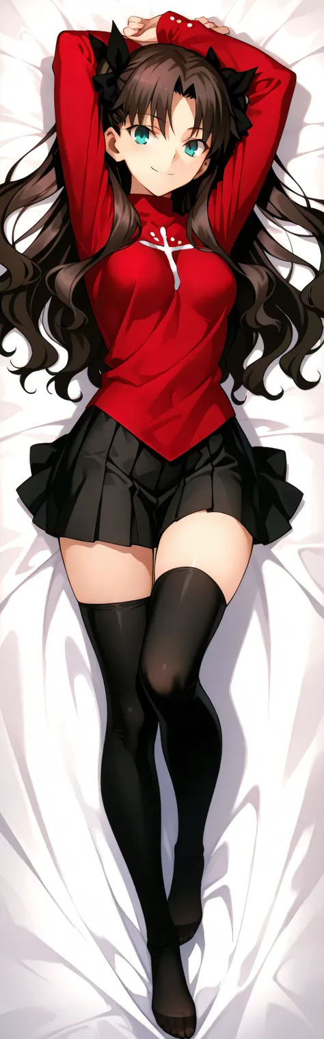 masterpiece, Highest Quality, very detailed, 4K, anime style, 1girl, button (destiny/Stay Night), auburn hair, twin tails, black ribbon, green eyes, tight red sweater, slight body line visible, hip tight black skirt, thigh-high black stockings undamaged, f...