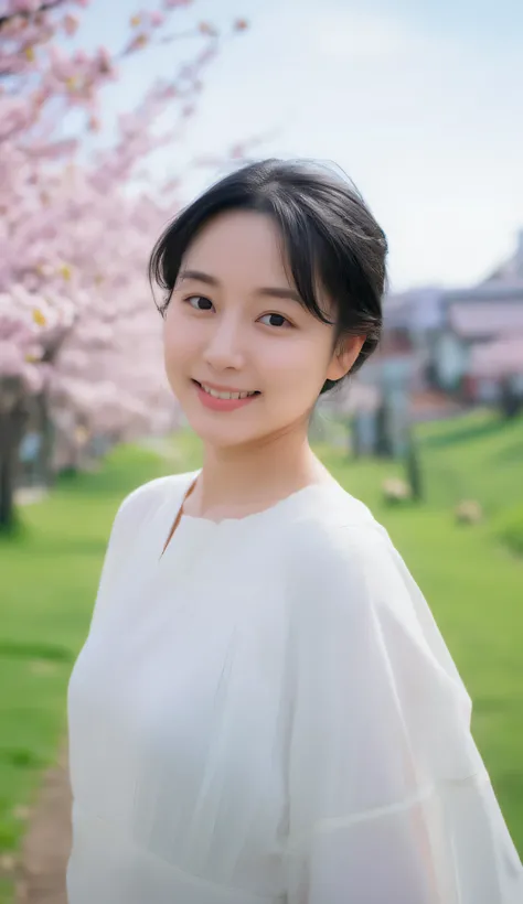 Cinematic portrait of a lively East Asian woman in her early thirties, standing outdoors in a peaceful countryside village during springtime. She is surrounded by blooming cherry blossoms and fresh green fields, bathed in clear, cool morning light. Her dar...