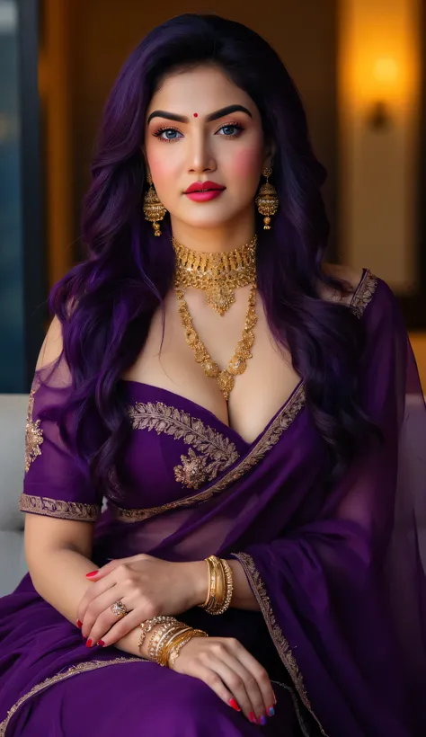 Flux Realistic style, ultra-high resolution (8K), cinematic lighting, photorealistic editorial fashion photography.
A stunning Indian woman with long purple hair styled in soft waves with parted bangs, wearing an elegant off-shoulder designer outfit in de...