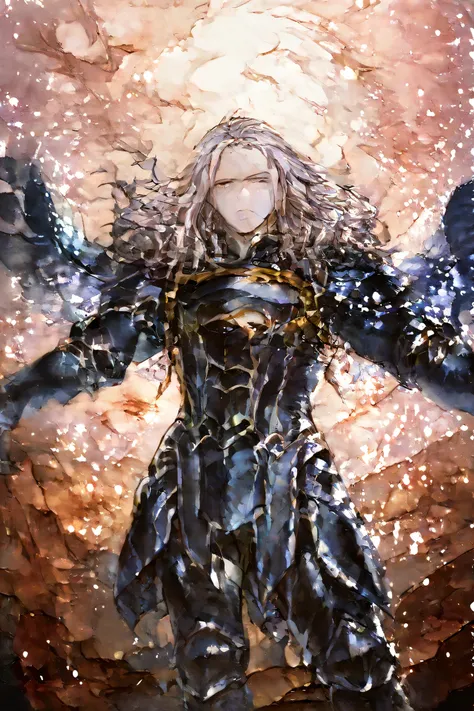 Estilo Final Fantasy Tactics, watercolor shading, hand-painted texture, dynamic pose, soft, muted color palette,  fantasy aesthetic, parchment-style background, detailed rendering with visible brushstrokes, masculino, straze epic seven 