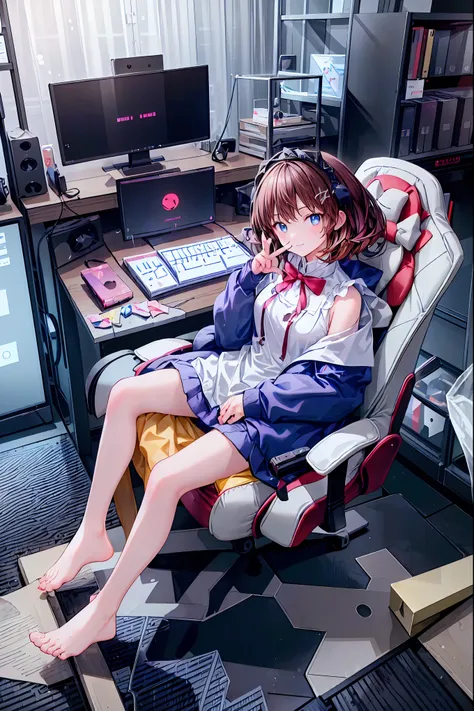 (((peace sign on the side of the face)))，Candy in hand,MANIPULATE YOUR SCREEN LIKE A GAME,(((programming room interior))),EXTREME DETAIL DISPLAY,EXTREME DETAIL DRAWING,typing speedy two hands,IMMERSE YOUR SCREEN,Anime breaking through the digital space,Dig...