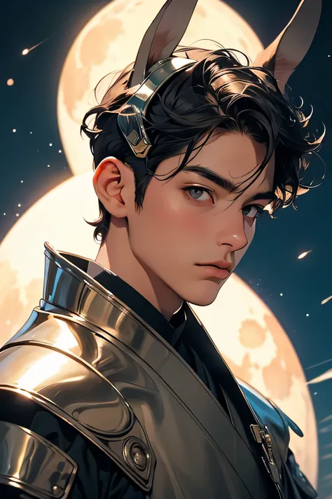 　Wear Rabbit-Eared Helmetsイケメン　　Japanese male　short hair　dark haired　　　Wear Rabbit-Eared Helmets　　Shoulder-armour　　nude　oversized full moon and starry sky　　　composition zoomed on a face　looking at the camera