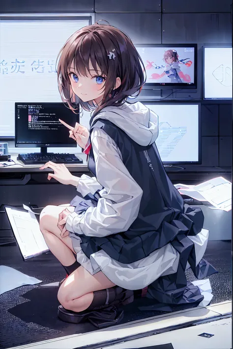 (((peace sign on the side of the face)))，Candy in hand,MANIPULATE YOUR SCREEN LIKE A GAME,(((programming room interior))),EXTREME DETAIL DISPLAY,EXTREME DETAIL DRAWING,typing speedy two hands,IMMERSE YOUR SCREEN,Anime breaking through the digital space,Dig...