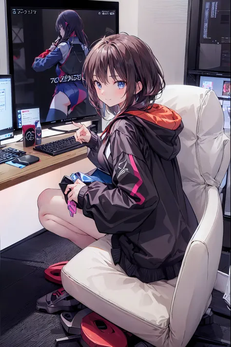 (((peace sign on the side of the face)))，Candy in hand,MANIPULATE YOUR SCREEN LIKE A GAME,(((programming room interior))),EXTREME DETAIL DISPLAY,EXTREME DETAIL DRAWING,typing speedy two hands,IMMERSE YOUR SCREEN,Anime breaking through the digital space,Dig...