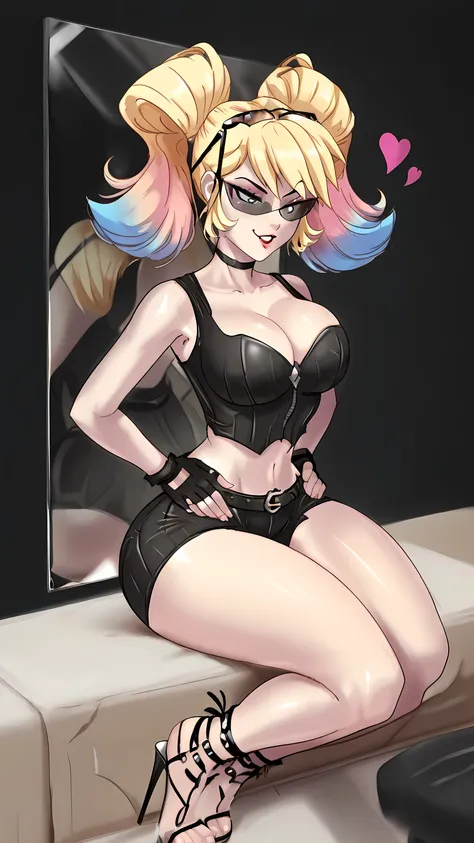 The model is wearing glass sunglasses with stars and the moon on the glasA girl is in front of a mirror putting on makeup, she is sitting applying lipstick to stoon \(style\), 1girl, harleyquinnrebirth, 1girl, solo, large breasts, fingerless gloves, twinta...