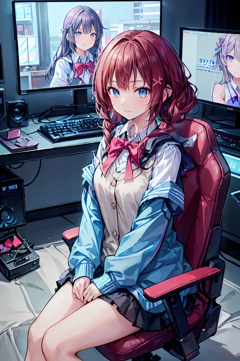(((peace sign on the side of the face)))，Candy in hand,MANIPULATE YOUR SCREEN LIKE A GAME,(((programming room interior))),EXTREME DETAIL DISPLAY,EXTREME DETAIL DRAWING,typing speedy two hands,IMMERSE YOUR SCREEN,Anime breaking through the digital space,Dig...