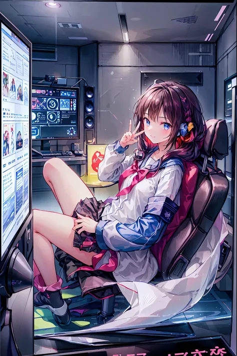 (((peace sign on the side of the face)))，Candy in hand,MANIPULATE YOUR SCREEN LIKE A GAME,(((programming room interior))),EXTREME DETAIL DISPLAY,EXTREME DETAIL DRAWING,typing speedy two hands,IMMERSE YOUR SCREEN,Anime breaking through the digital space,Dig...