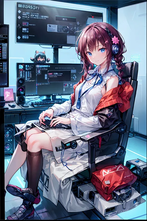 (((peace sign on the side of the face)))，Candy in hand,MANIPULATE YOUR SCREEN LIKE A GAME,(((programming room interior))),EXTREME DETAIL DISPLAY,EXTREME DETAIL DRAWING,typing speedy two hands,IMMERSE YOUR SCREEN,Anime breaking through the digital space,Dig...