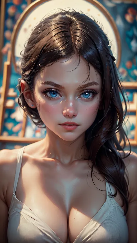 ultra realistic portrait of a confident woman with a thin and defined face, high cheekbones, sharp jawline, straight refined nose, soft natural lips, smooth porcelain skin, calm yet powerful expression, deep blue hunter eyes (slightly upturned outer corner...