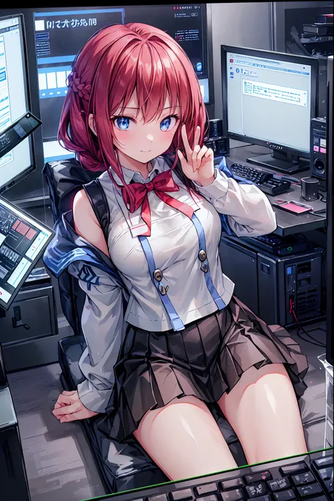 (((peace sign on the side of the face))),Candy in hand,MANIPULATE YOUR SCREEN LIKE A GAME,(((programming room interior))),EXTREME DETAIL DISPLAY,EXTREME DETAIL DRAWING,typing speedy two hands,IMMERSE YOUR SCREEN,Anime breaking through the digital space,Dig...