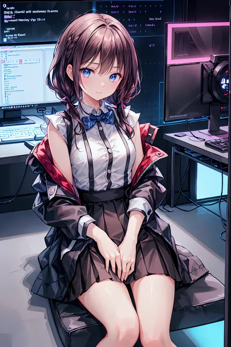 (((peace sign on the side of the face))),laughing,(Speaking Heart), happy, open your mouth, Candy in hand,MANIPULATE YOUR SCREEN LIKE A GAME,(((programming room interior))),EXTREME DETAIL DISPLAY,EXTREME DETAIL DRAWING,typing speedy two hands,IMMERSE YOUR ...