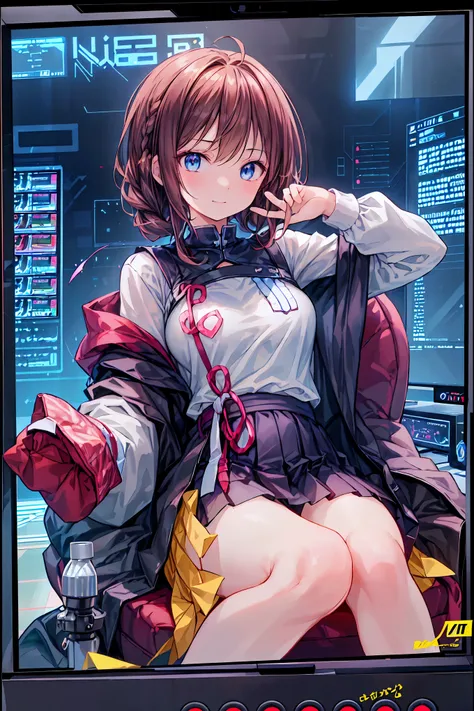 laughing,(Speaking Heart), happy, open your mouth, Candy in hand,MANIPULATE YOUR SCREEN LIKE A GAME,(((programming room interior))),EXTREME DETAIL DISPLAY,EXTREME DETAIL DRAWING,typing speedy two hands,IMMERSE YOUR SCREEN,Anime breaking through the digital...