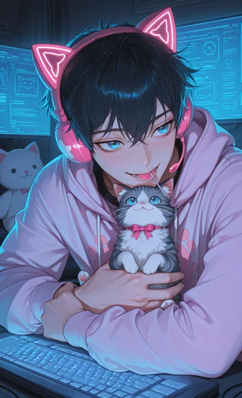 (masterpiece, best quality, 8k, ultra detailed, anime style, digital painting, sharp focus), 1boy, male, young man, teenage boy, (boyish smile), (masculine features), (blue eyes), (sucking lollipop), (cat ears headset), wearing: (pastel hoodie), (cute acce...