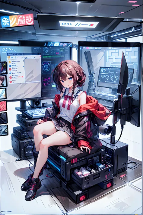 laughing,(Speaking Heart), happy, open your mouth, Candy in hand,MANIPULATE YOUR SCREEN LIKE A GAME,(((programming room interior))),EXTREME DETAIL DISPLAY,EXTREME DETAIL DRAWING,typing speedy two hands,IMMERSE YOUR SCREEN,Anime breaking through the digital...